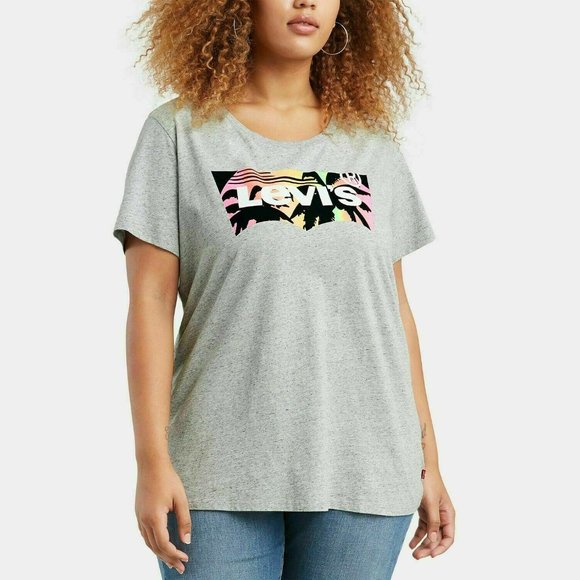 Levi's Women Plus Crewneck Short Sleeve Batwing Graphic Cotton T-Shirt Top Gray - Picture 2 of 5